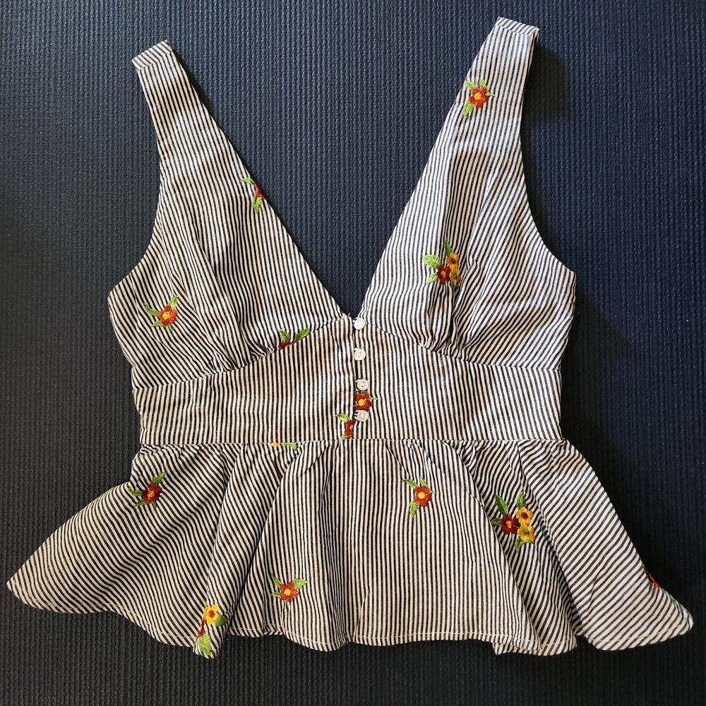 Striped Floral Embroidery Peplum Top